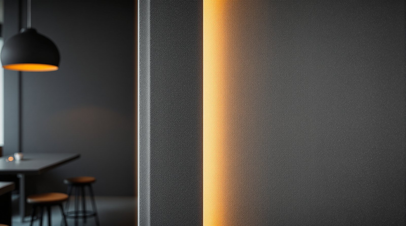 Close-up of a fabric-covered acoustic wall panel against a concrete wall, lit with warm grazing light