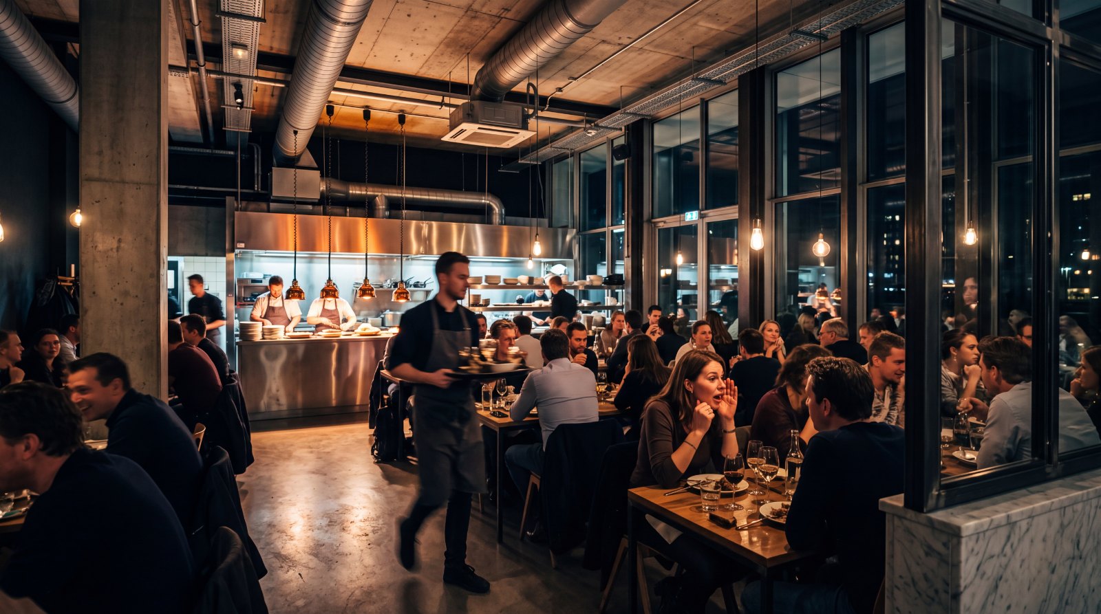 Busy modern restaurant with concrete, glass and an open kitchen, where sound bounces off the hard surfaces