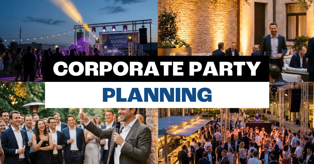 Corporate party on location with a stage, lounge, speech and dance floor