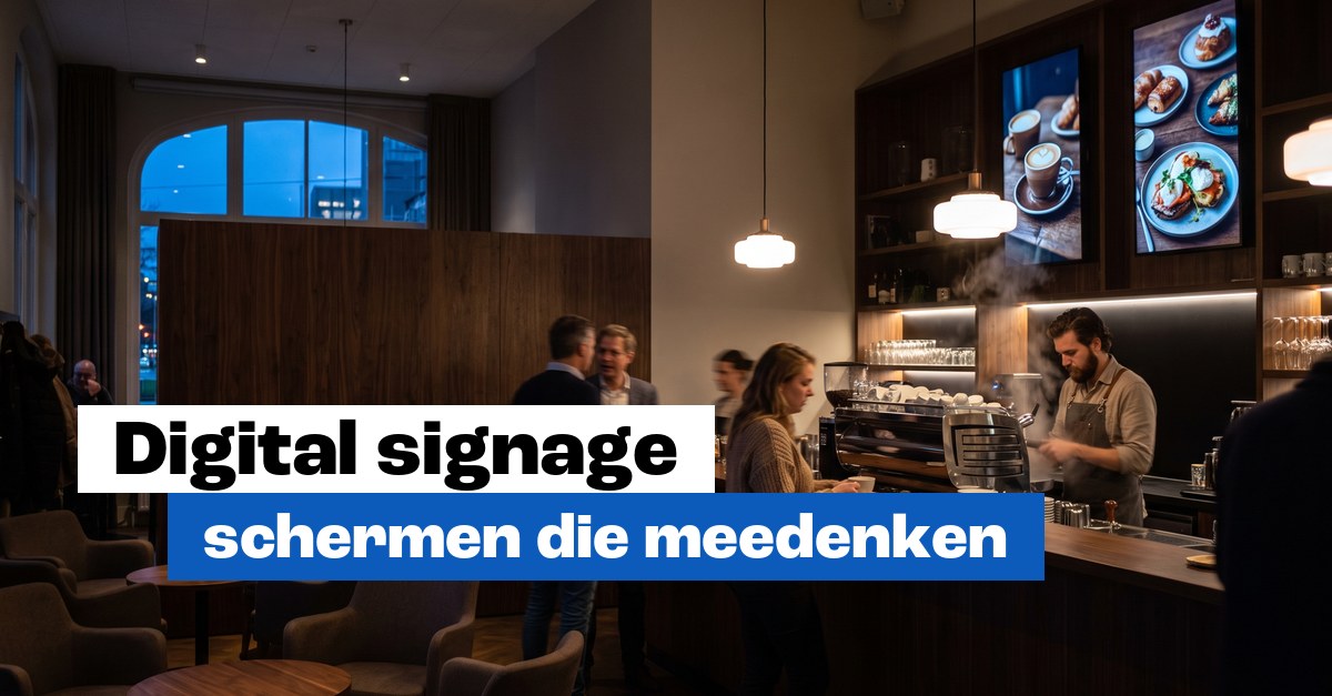 Digitale menuborden boven de bar van een horecazaak met gasten en barista: digital signage installatie