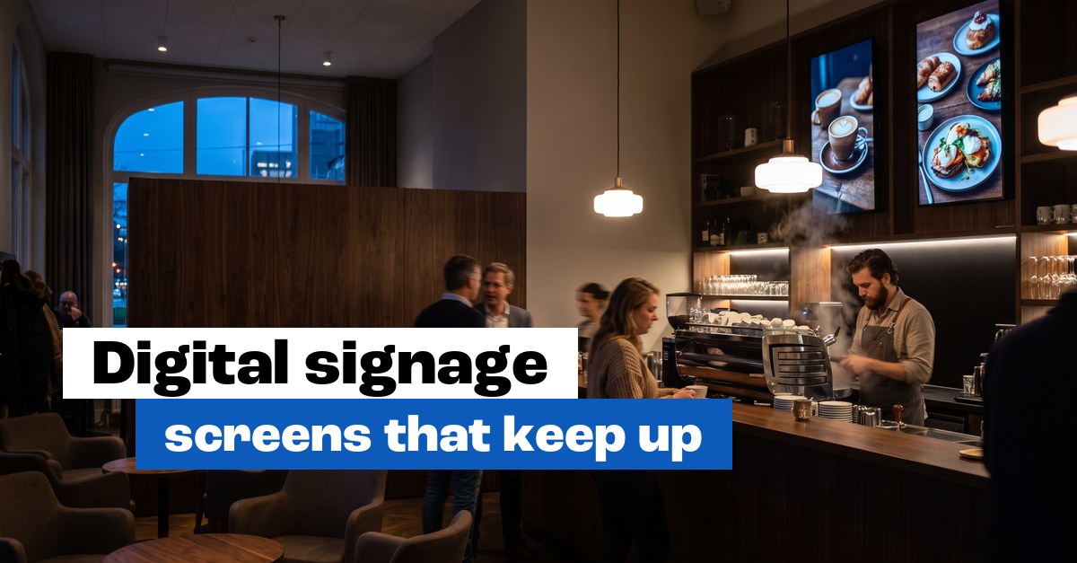 Digital menu boards above the bar of a hospitality venue with guests and a barista: digital signage installation