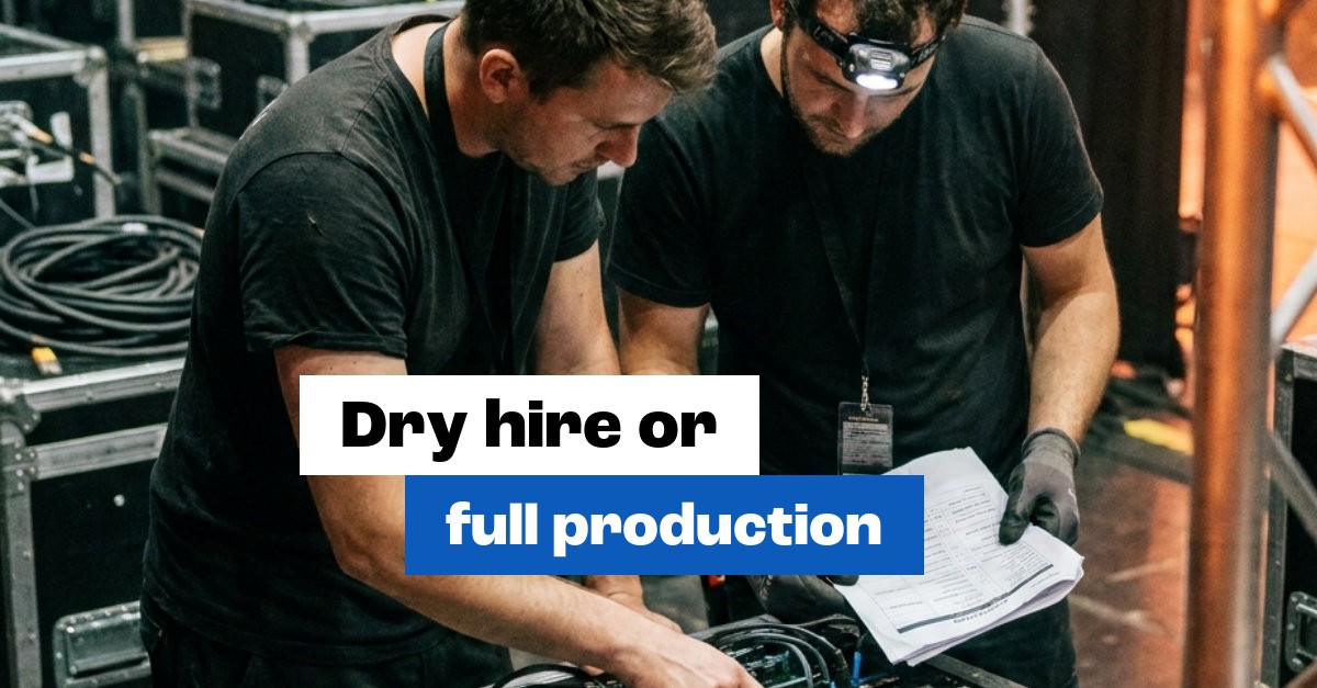 AV gear ready for dry hire next to a crew building a full production