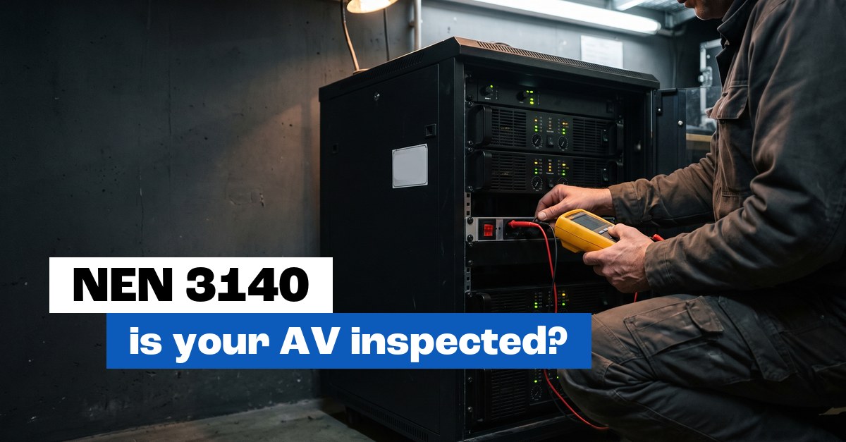 Technician measuring an AV rack with a test instrument during a NEN 3140 inspection