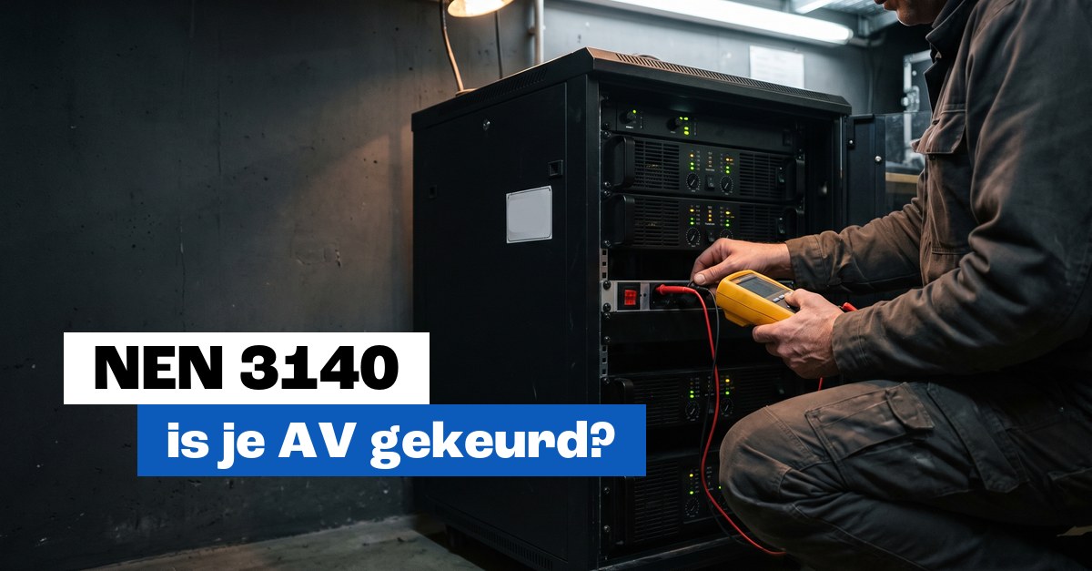 Technicus meet met een testapparaat aan een AV-rack tijdens een NEN 3140-keuring